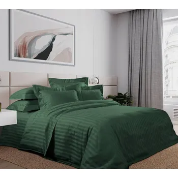 Povlečení Sada povlečení 4dílná bavlněný satén Dark Green s proužky 200x220 cm