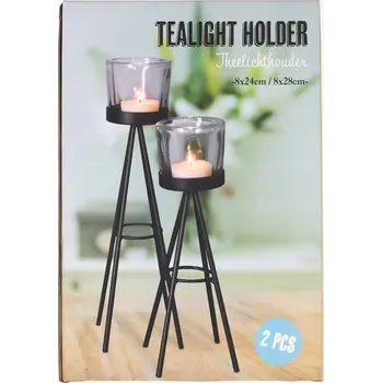 Svícen SVÍCEN NA ČAJOVÉ SVÍČKY 2 KS ČERNÝ LOFT KOVOVÝ SKLENĚNÝ
