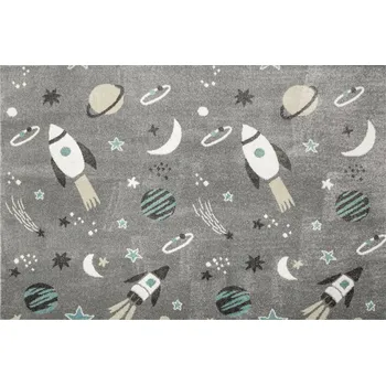 Koberec KOBEREC DĚTSKÝ ŠEDÝ KRÉMOVÝ TYRKYSOVÝ VESMÍR PLANETY RAKETY LIMA 200x200 cm