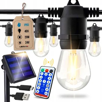 Venkovní osvětlení Solární zahradní girlanda, venkovní osvětlení 20m, 40x LED žárovka E27 + dálkové ovládání