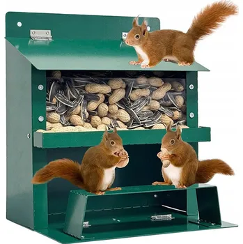 Krmítko pro ptáka Zásobník krmiva pro zvířata do zahrady, kovový, se zelenou klapkou, 22,5 x 18,5 x 23 cm