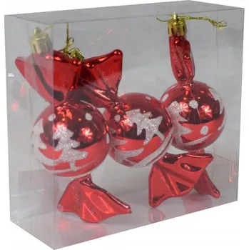 Vánoční dekorace Sada 3 Ozdobných Vánočních Baněk Červené Bonbóny s Bílým Brokátem