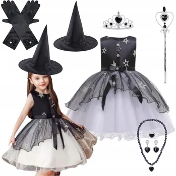 Karnevalový kostým KOSTÝM ČARODĚJNICE PŘEVLEK HALLOWEEN KLOBOUK KORUNA RUKAVICE 140 146