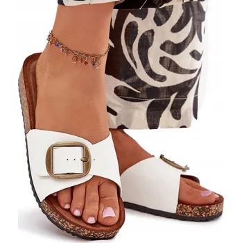 Dámské pantofle Dámské korkové NAZOUVÁKY , eko kůže, PÁSEK s přezkou, bílé 37