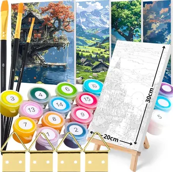 Obraz MALOVÁNÍ PODLE ČÍSEL S RÁMEM 4 OBRAZY 30x20 + STOJAN štětce háčky