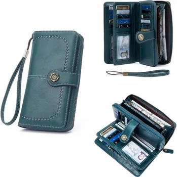 Peněženka Dámská kožená peněženka velká lakovaná prostorná RFID se zápěstním poutkem zelená