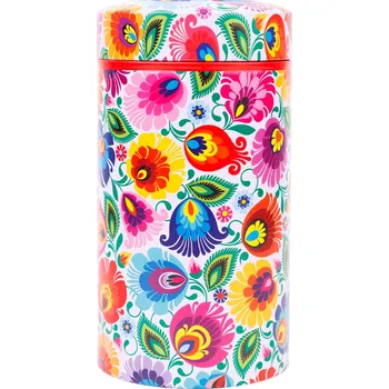 Dóza na potraviny VELKÁ KULATÁ KOVOVÁ DÓZA - FOLK LOUCKÝ VZOR BÍLÁ