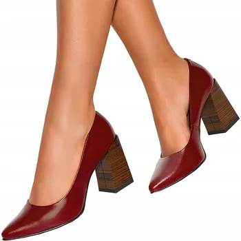 Dámské lodičky Dámské kožené lodičky s ozdobným blokovým podpatkem, bordó, POLSKÝ výrobek, velikost 35