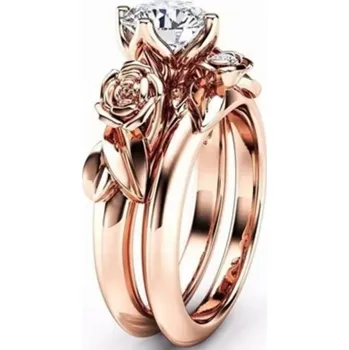 Prsten Prstýnek s Briliantem Růžové Zlato Květina Listy Stylový a Elegantní