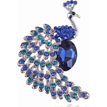 Brož B-TOP Postříbřená brož ve tvaru páva s modrými krystaly