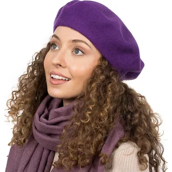Čepice Dámský Klasický Vlněný Baret Fialový Čepice Vlna Příjemný na Obličej Prémiová Kvalita