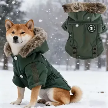 Obleček pro psa Zimní teplý bunda kabát pro psy s kapucí a kožešinou – větruodolný - XL
