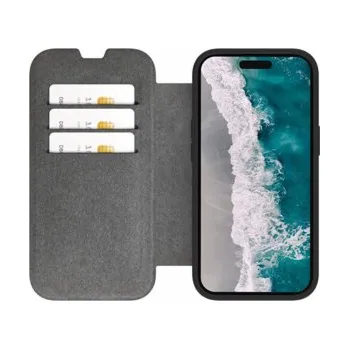 Pouzdro na mobilní telefon dbramante1928 Helsinki - Pouzdro s klopou pro mobilní telefon - kompatibilita s MagSafe - plast, veganská kůže - černá, průsvitná - pro Apple iPhone 15 Plus