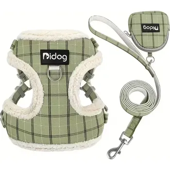 Postroj pro psa Postroj pro psy s vodítkem a taštičkou – Kostkovaný design, měkký - M , Zelená