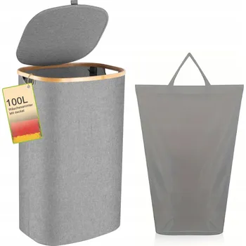 Koš na prádlo BAMBUSOVÝ KOŠ NA PRÁDLO 100L S VÍKEM A VYJÍMATELNÝM VAKEM ŠEDÝ