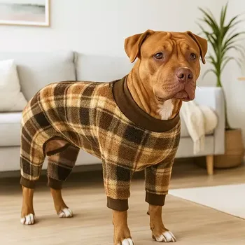 Obleček pro psa Teplé Kostkované Pyžamo pro Velké Psy – Měkký Celoroční Overal - 3XL