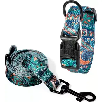 Obojek pro psa 2ks sada obojku a vodítka pro psy – nastavitelný nylonový set - Zelená , M