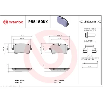 Brzdová destička Sada brzdových destiček, vždy 4 kusy v sadě BREMBO P85150NX