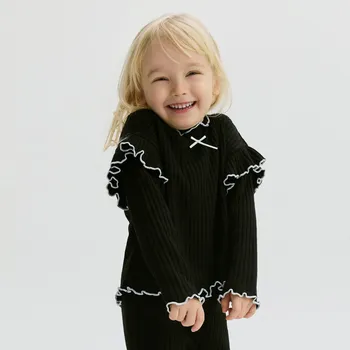 Dívčí tričko Reserved - Žebrovaná halenka s mašlí - černý - 186DB-99X - 186DB-99X-110