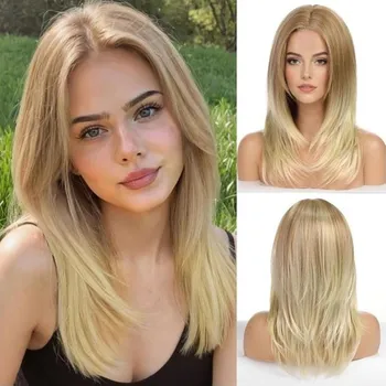 Paruka WOKESTAR Vrstvené rovné blond paruky pro ženy, tepelně odolná paruka s ofinou pro každodenní použití