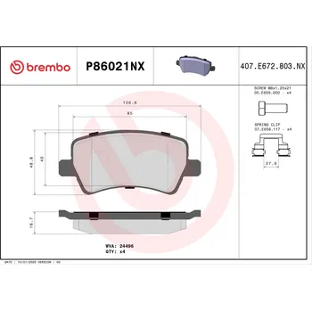 Brzdová destička Sada brzdových destiček, vždy 4 kusy v sadě BREMBO P86021NX