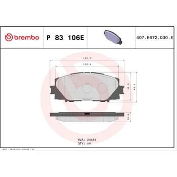 Brzdová destička Sada brzdových destiček, vždy 4 kusy v sadě BREMBO P 83 106E