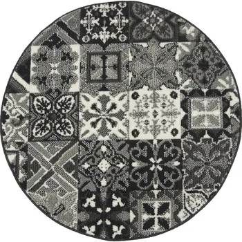 Koberec KOBEREC ŠEDÝ KULATÝ DO OBÝVÁKU PATCHWORK PLOCHÝ BOHO ORNAMENT prům. 90 cm