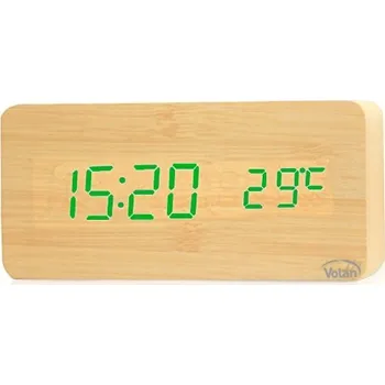 Hodiny Dřevěný Budík Elektronický LED Digitální Stolní – TEPLOMĚR + DATUM
