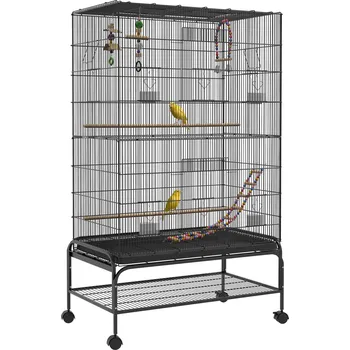 PawHut klec pro ptáky voliéra pro ptáky s bidýlky klec pro ptáky s policí, kolečky, odnímatelným spodním tácem, voliéra s dvířky, černá | Aosom