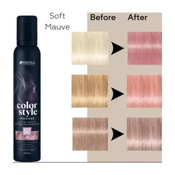 Stylingový přípravek Indola Color Style Mousse barvicí pěna pro styling a barvení v 1 snadném kroku 200 ml, Soft Muave, potečená etiketa
