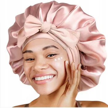Čepice Saténová čepice na spaní s mašlí růžová ochranná pro vlasy
