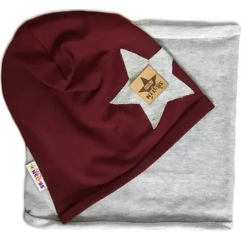 Kojenecká čepice Baby Nellys Bavlněná sada čepička a nákrčník Nelly Star - bordo s šedou, vel. 116