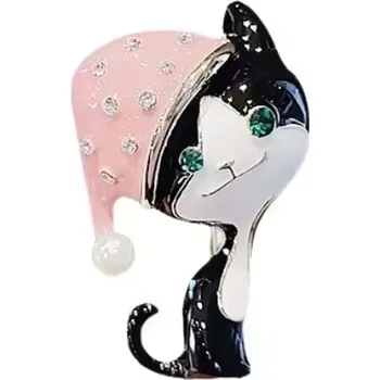 Brož B-TOP Pozlacená brož ve tvaru sedící kočky s čepicí a krystaly