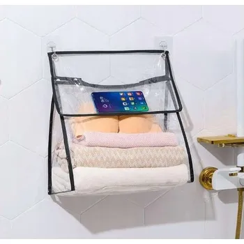 Věšák Nástěnný věšák s poličkou na kosmetiku a ručníky, samolepicí, voděodolný, fóliový