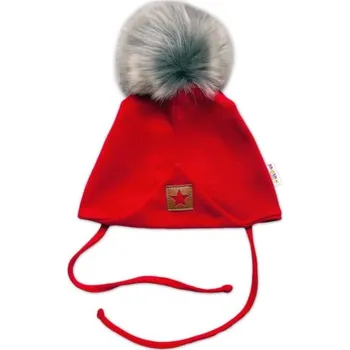 Kojenecká čepice Zimní,podzimní bavlněná dvouvrstvá čepice s bambulí na zavazování Star,červená, vel. 80/86