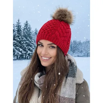 Čepice Dámská čepice s bambulí z pravé kožušiny Ania - červená, VELIKOST UNI