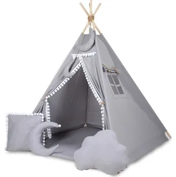 Stan Stan pro děti týpí + výbava - šedý s bílými bambulkami