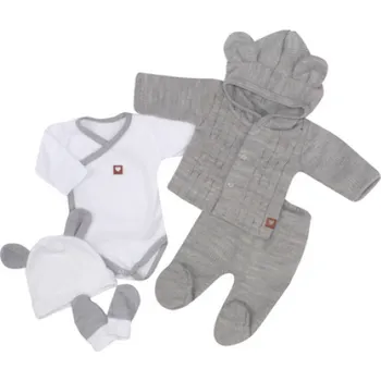 Kojenecká souprava 5-dílná kojenecká soupravička pletená do porodnice - šedá, bílá