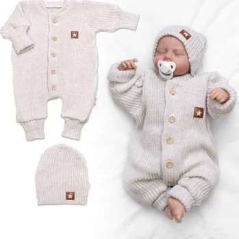 Dětská móda Rostoucí pletený oversize overálek + čepička Star, béžový melírek, vel. 68/74