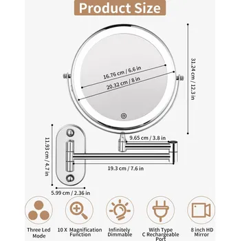 Kosmetické zrcátko JUTYUM Kosmetické zrcátko s LED osvětlením 10x zvětšení, otočné, nástěnné do koupelny