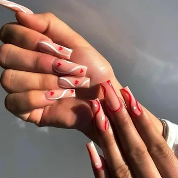 Brishow Umělé nehty na Valentýna s červenými srdíčky, balerínské dlouhé akrylové umělé nehty 24