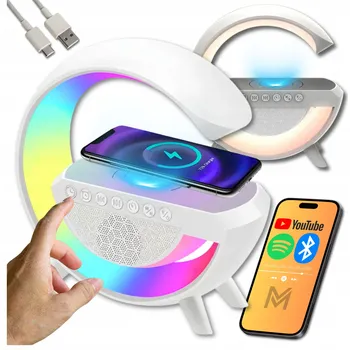 Lampička LED stolní lampička RGB s indukční nabíječkou, BT reproduktorem, rádiem a budíkem