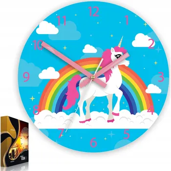 Hodiny Nástěnné hodiny s motivem jednorožce, akrylový jednorožec s duhou Kulatý