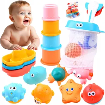 Hračka pro nejmenší VELKÁ SADA HRAČEK DO VANY SE SÍŤKOU, HRAČKY DO KOUPÁNÍ, LODĚ DO VANY