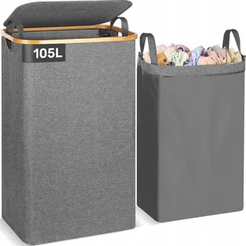 Koš na prádlo OUSFOT Koš na prádlo 105 l skládací s víkem a sáčkem, šedý