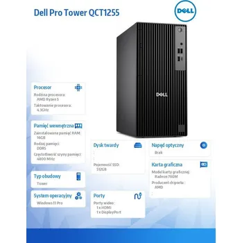 Stolní počítač Počítač Dell Pro Tower QCT1255 W11Pro Ryzen 5 Pro 8600G/1x16GB/512GB/Integ