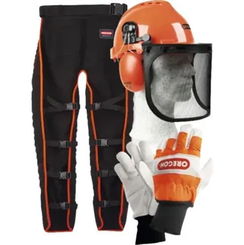 Bezpečnostní sada Oregon YUKON pro práci s motorovou pilou, Návleky na kalhoty, Rukavice velikost L, Ochranná helma YUKON se sluchátky, 3dílná