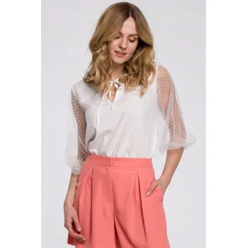 Dámské tričko DÁMSKÉ TRIČKO HALENKA ŽENSKÁ S PUNTÍKY NAFOUKLÉ RUKÁVY BÍLÁ 38 M