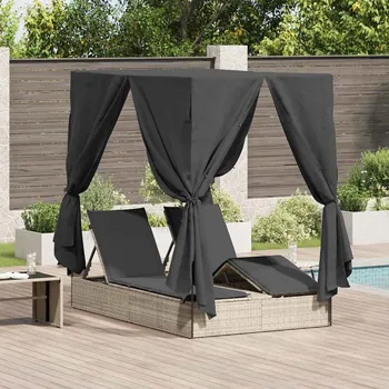 Zahradní lehátko vidaXL Dvojité sluneční lehátko s střechou se záclonami Světle šedá [3376132]