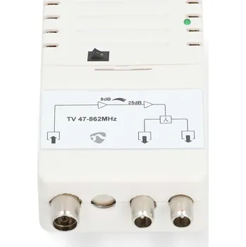 Anténní zesilovač NEDIS zesilovač CATV/ maximální zesílení 25 dB/ 47 - 694 MHz/ 2 výstupy/ konektor IEC/ bílý